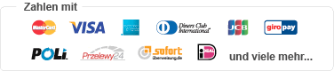 Sichere Online-Zahlung: MasterCard, VISA, American Express, Diners Club International, JCB, GiroPay, POLi, Przelewy24, Sofortüberweisung/DirectEbanking, iDEAL, ... Sichere Online-Zahlung: MasterCard, VISA, American Express, Diners Club International, JCB, GiroPay, POLi, Przelewy24, Sofortüberweisung/DirectEbanking, iDEAL, ...
