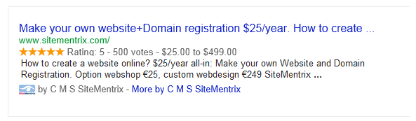 Rich Snippets van de SiteMentrix website in de zoekresultaten